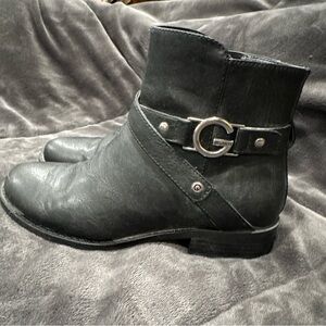 G By Guess Black Leather Ankle Boots with Silver Buckle